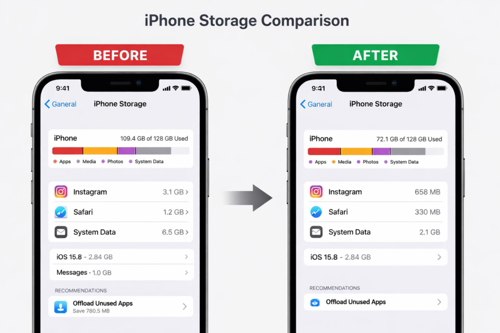 iPhone storage comparison on cache